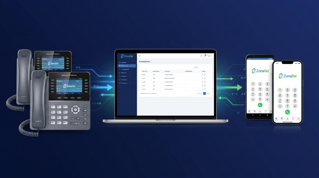 Teléfonos de escritorio, panel de administración y app móvil de ZonaTel